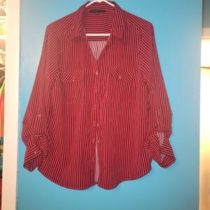 Adrienne Vittadini Red and Black Striped Button Down Shirt